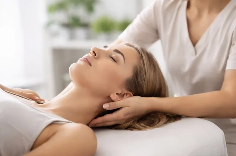 Osteopathy treatment for neck pain on female patient improving mobility and reducing tension