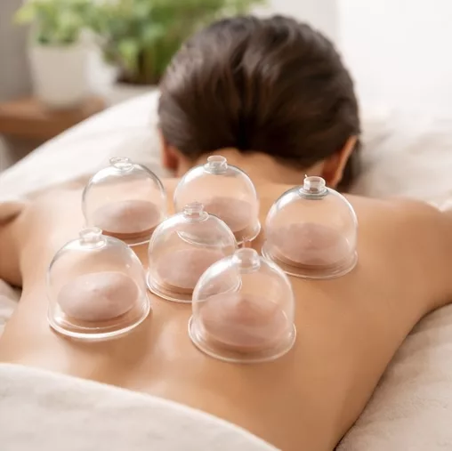 Cupping applied on back for pain relief and muscle relaxation