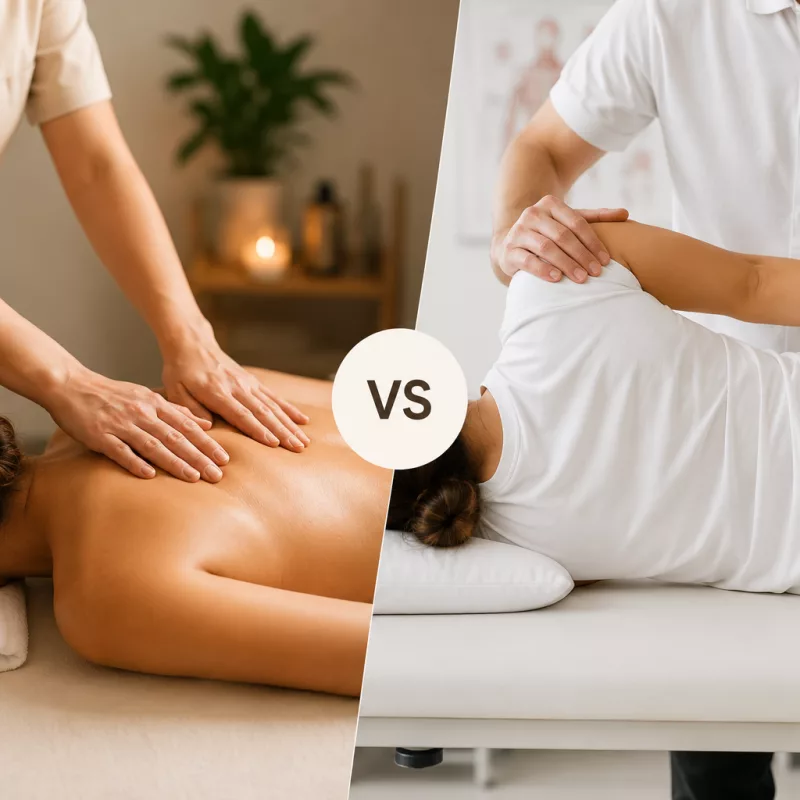 Registered massage therapist applying hands-on soft tissue treatment to a patient's upper back and shoulders in a clinical setting.