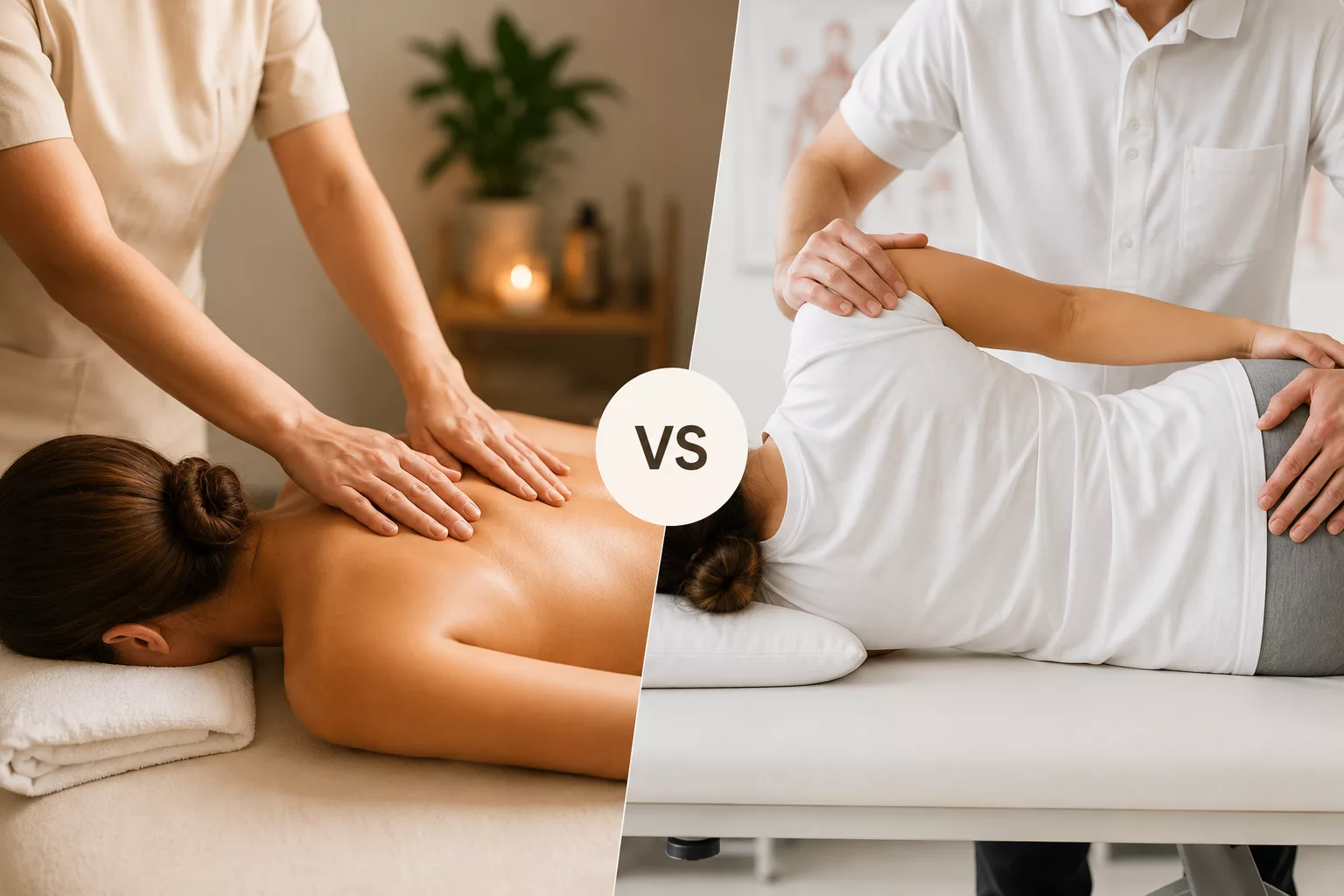 Registered massage therapist applying hands-on soft tissue treatment to a patient's upper back and shoulders in a clinical setting.